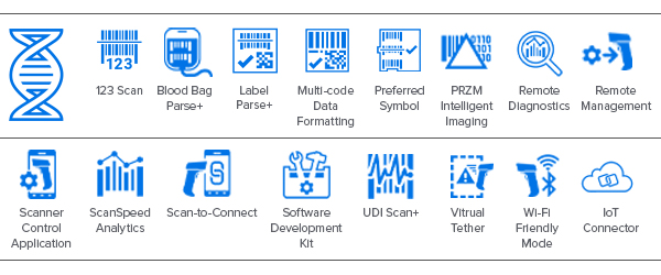 CS60-HCシリーズコンパニオンスキャナDNAのアイコン：DataCapture DNA、123Scan、Blood Bag Parse+、Label Parse+、マルチコードデータフォーマッティング、Preferred Symbol、PRZMインテリジェントイメージング、遠隔診断、リモート管理、スキャナ制御アプリケーション、ScanSpeed Analytics、Scan-to-Connect、SDK（ソフトウェア開発キット）、UDI Scan+、仮想テザー、Wi-Fiフレンドリーモード、IoT Connector