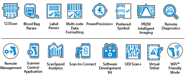 DS3600-HP超高耐久性スキャナMobility DNAのアイコン：123Scan、Blood Bag Parse+、Label Parse+、マルチコードデータフォーマッティング、Power Precision+、Preferred Symbol、PRZMインテリジェントイメージング、遠隔診断、リモート管理、スキャナ制御アプリケーション、ScanSpeed Analytics、Scan-to-Connect、SDK（ソフトウェア開発キット）、UDI Scan+、仮想テザー、Wi-Fiフレンドリーモード