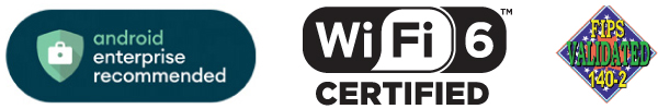 Icônes de compatibilité : Android Enterprise Recommended, Wi-Fi6 Certified, FIPS Validated