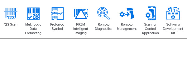 MP7000 Scanner Scale DNA Mobility Icons: 123Scan, Multi-Code Data Formatting, Preferred Symbol,  PRZM Intelligent Imaging, Remote Diagnostics, Remote Management, Scanner Control Application, Software Development Kit (SDK)