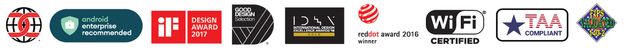 Ikona Common Criteria, logo Android Enterprise Recommended, logo iF Design Award 2017, logo Good Design Selection, logo International Design Excellence Award, logo zdobywcy Reddot Award 2016, logo WiFi Certified, logo zgodności z TAA, logo zgodności z normą FIPS