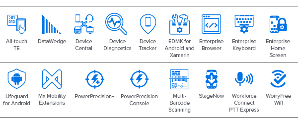 Mobility DNA 图标 All-touch TE、DataWedge、Device Central、设备诊断、Android 版和 Xamarin 版 EMDK、企业浏览器、企业主界面、企业键盘、LifeGuard for Android、Mx Mobility Extensions、PowerPrecision+、PowerPrecision 控制台、多条码扫描、StageNow、SwipeAssist、Workforce Connect PTT Express、WorryFree WiFi