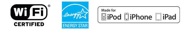 Iconos de compatibilidad de la impresora térmica ZD420-HC: Icono de Wi-Fi Certificado, icono de Energy Star, icono de Hecha para iPod, iPhone e iPad