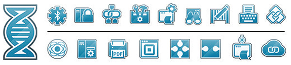 Значки функции Mobility DNA решения для печати браслетов ZD510-HC: значок «Управление принтером по Bluetooth», значок «PrintSecure», значок «Программного обеспечения принтера Network Connect», значок «Link-OS Multiplatform SDK», значок «PrintConnect», значок «Услуги предоставления информации», значок «ZebraDesigner», значок «Print Station», значок «Решения связывания», значок «Virtual Devices», значок «Printer Profile Manager Enterprise», значок «PDF Direct», значок «Browser Print», значок «MDM/EMM Connectors», значок «Решения для промышленной печати», значок «PrintConnect», значок «Cloud Connect»