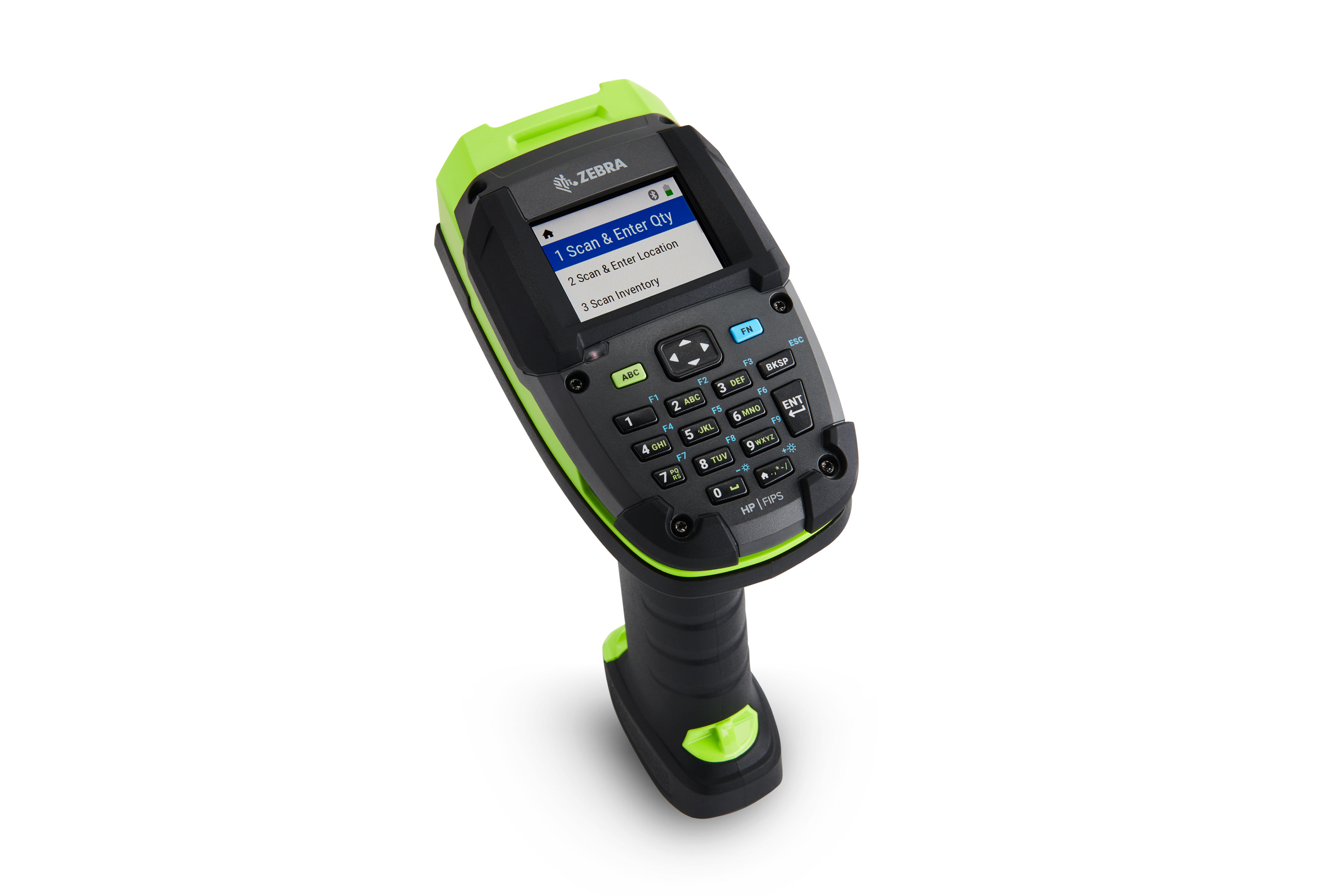 Zebra DS3600-KD barcode scanner with keypad and color display, green and black hardware