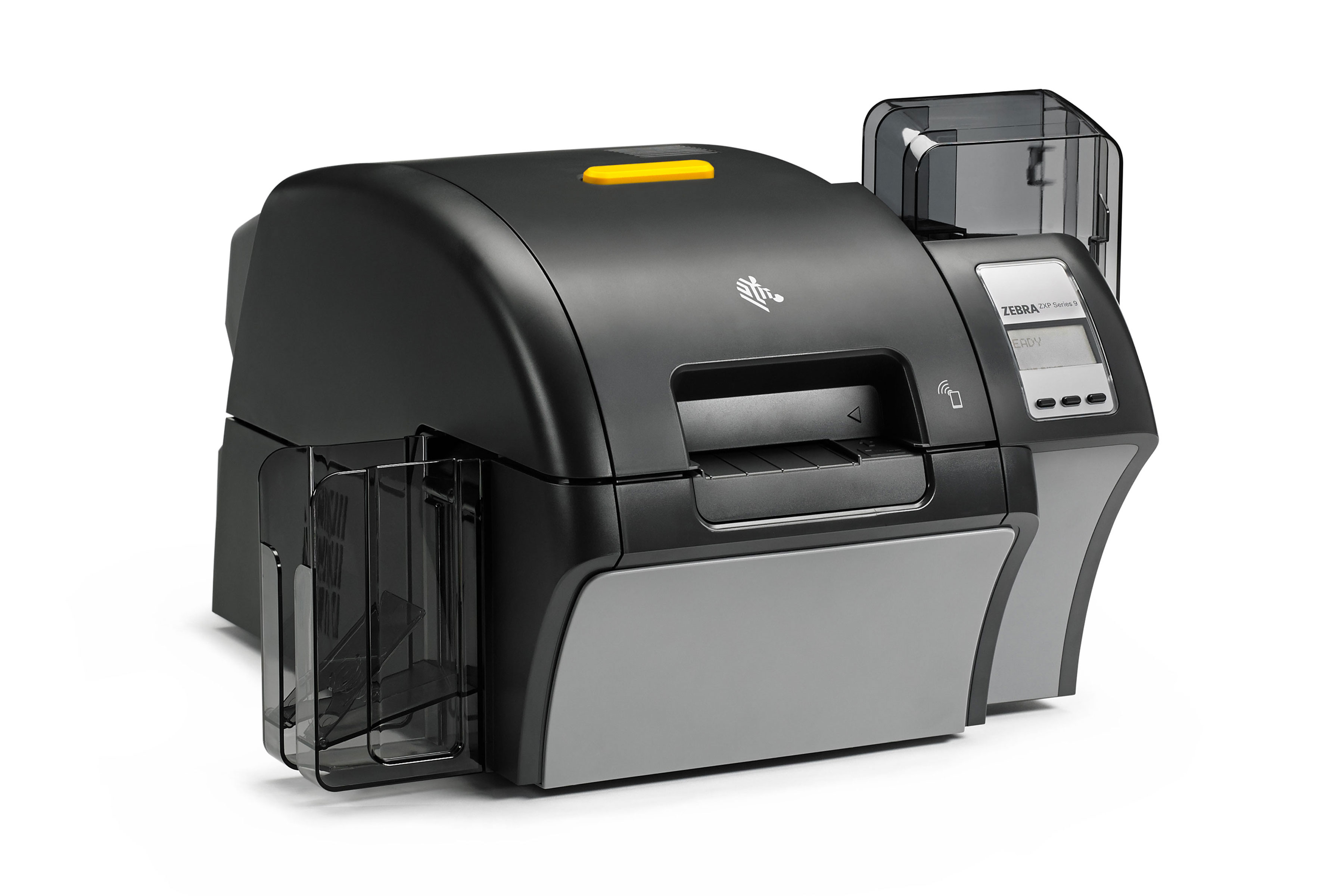 Front right view of a Zebra ZXP 9 ID card printer