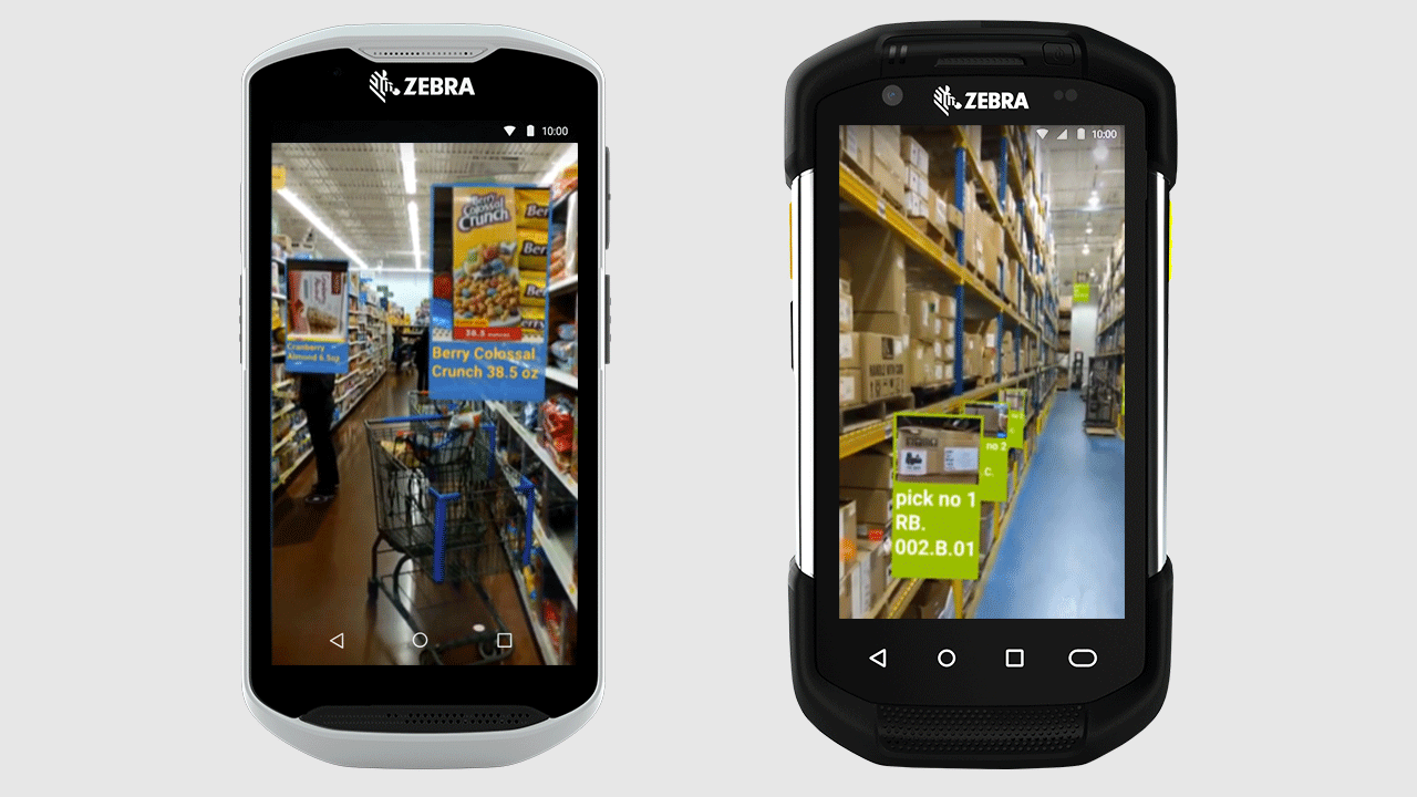 Two screenshots of what a retail worker may see when using an augmented reality application on Zebra's ARCore-certified mobile computers.