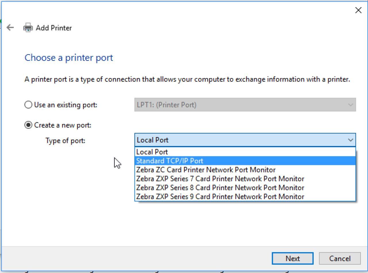 Choose a printer port screen