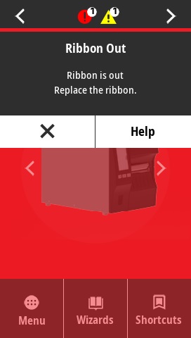 Ribbon Out: Ribbon is out. Replace the ribbon.