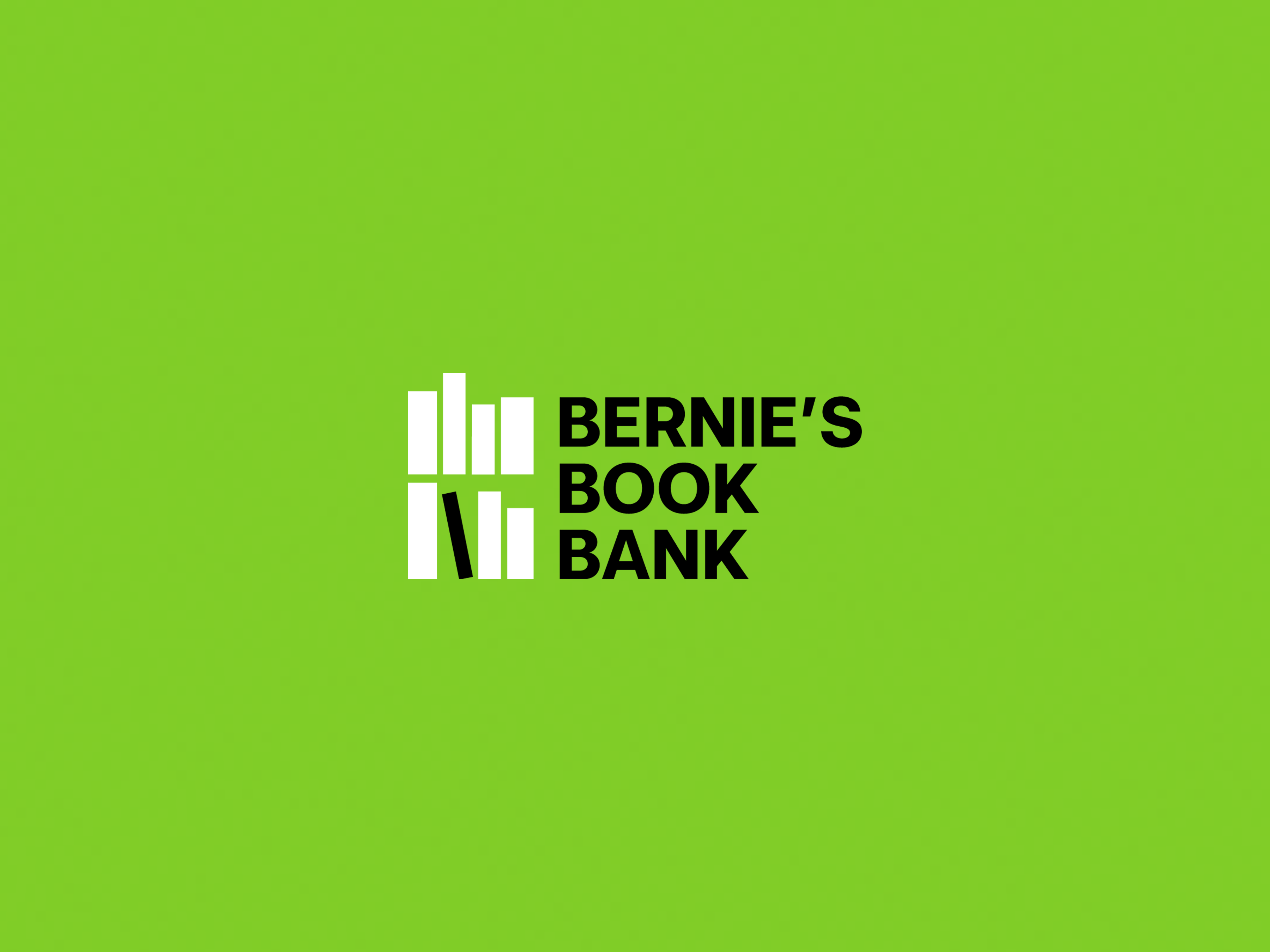 Blacka and white Bernie's Book Bank logo on green background