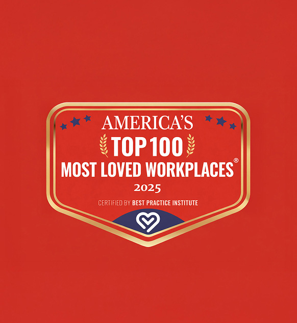 Zebra's America's Top 100 Most Loved Workplaces 2025 certified by Best Practice Institute on red background