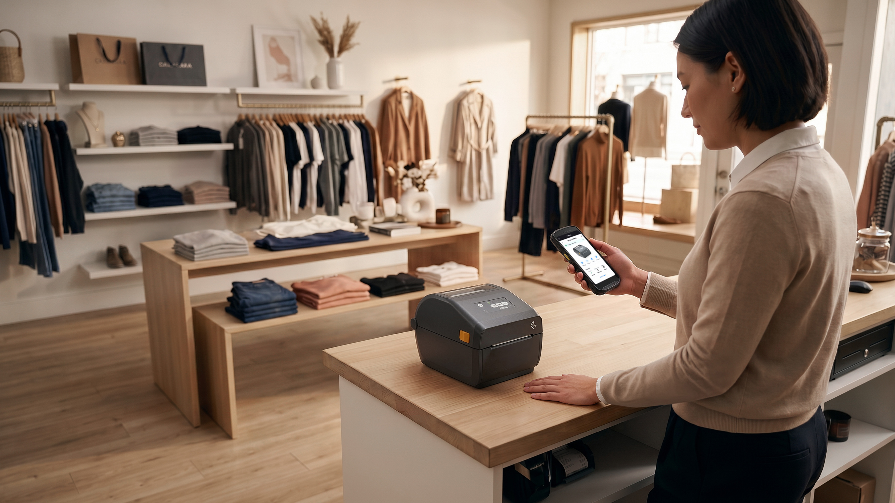 Retail frontline worker using Zebra mobile computing device and printer.