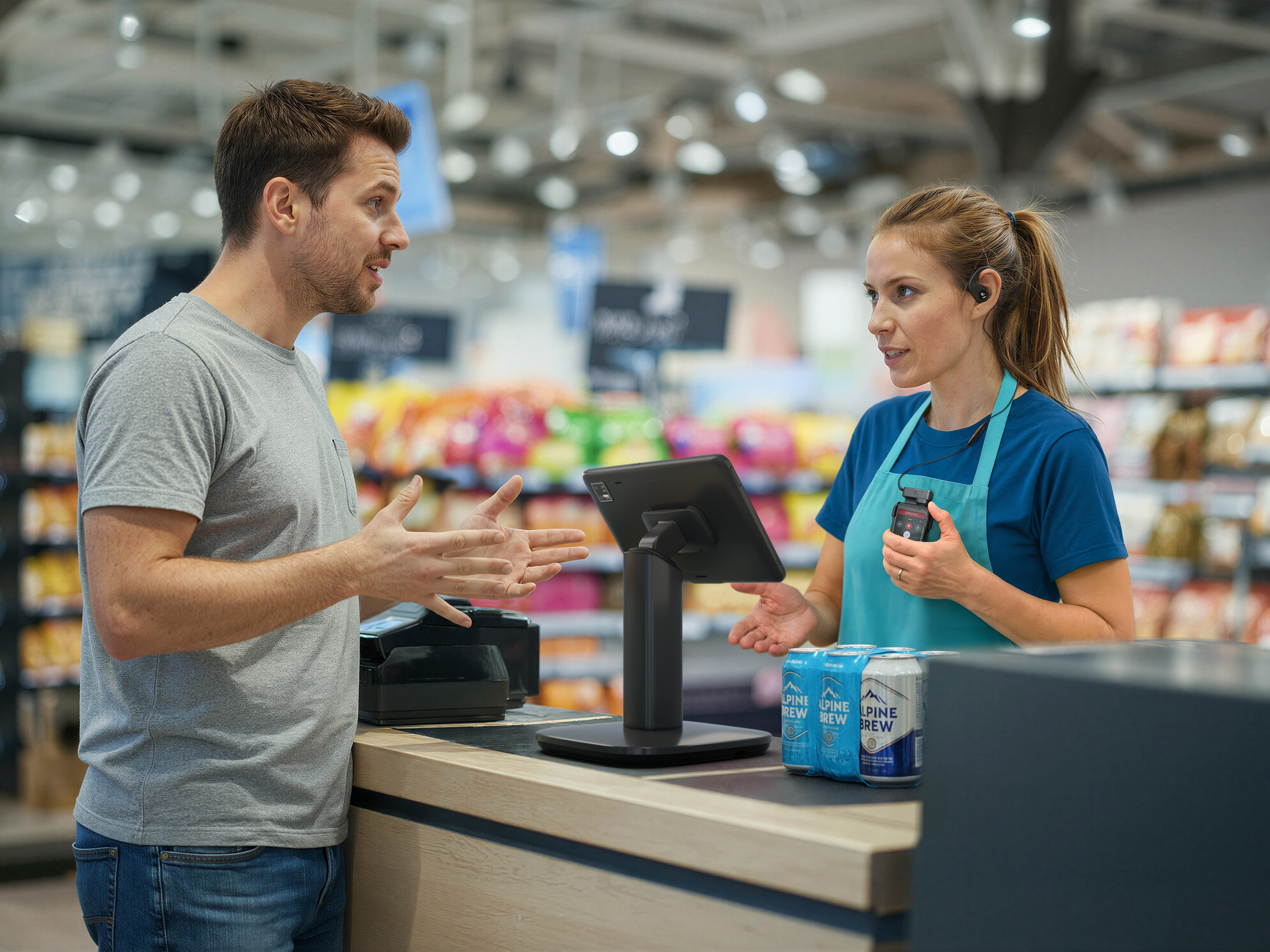 Photo of a retail worker at a store checkout, using a WS301 on a clip and utilizing the duress button. This image was generated with the assistance of AI tools and may not depict real people, places, or events.