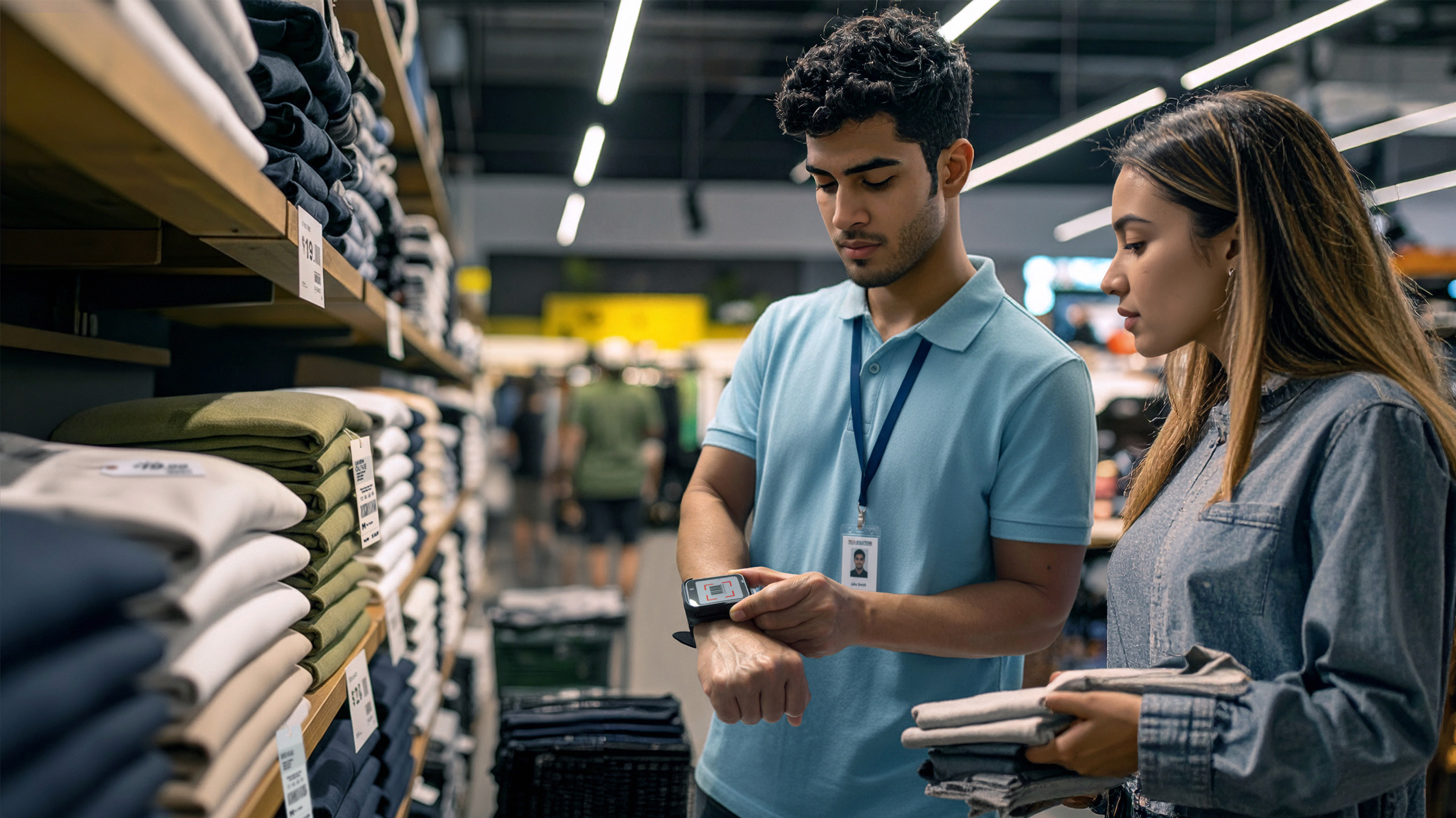 Photo of a retail worker at an apparel store, assisting a client with item lookup using a WS301 on the wrist. This image was generated with the assistance of AI tools and may not depict real people, places, or events.