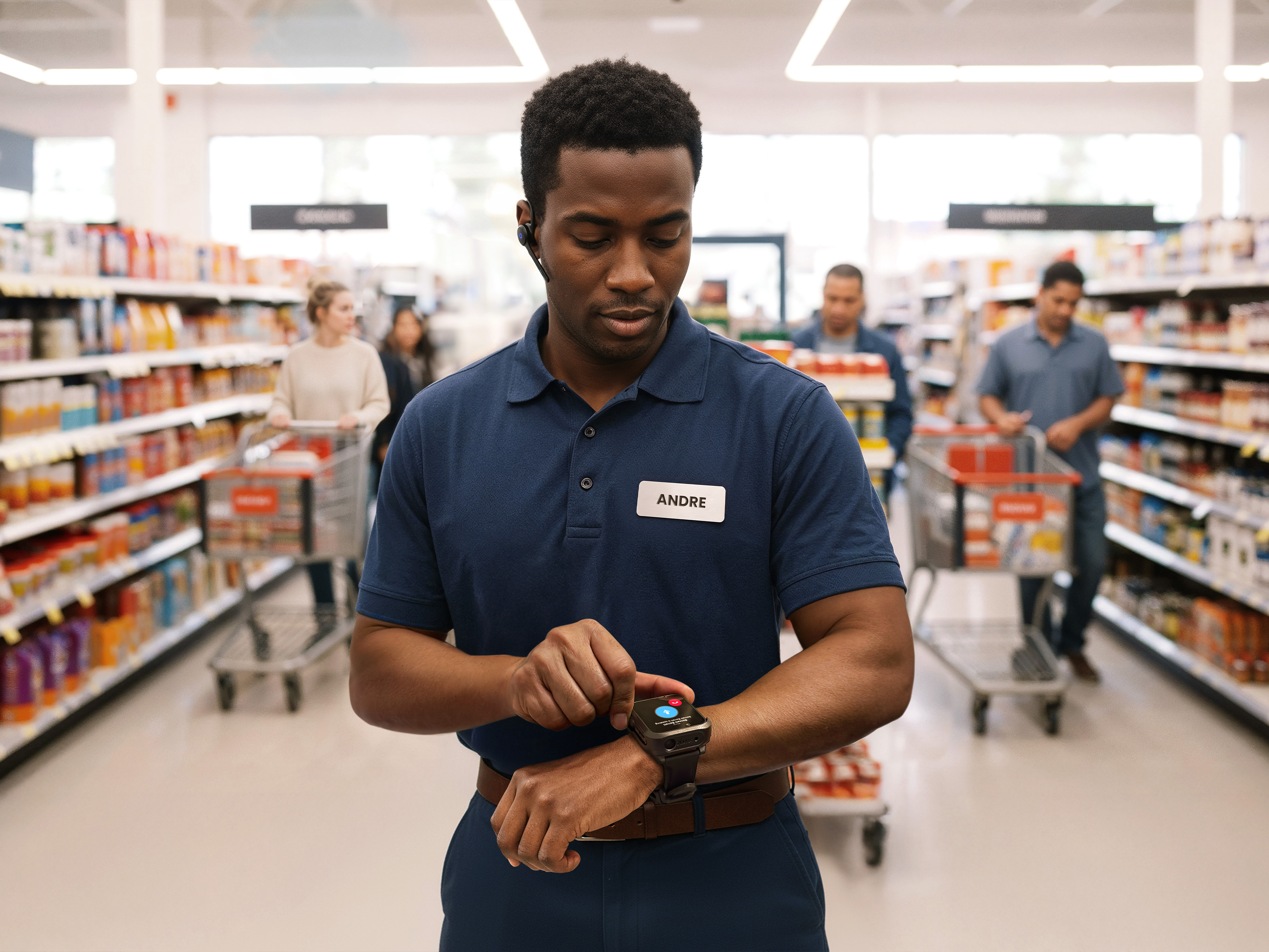 Photo of a retail worker at a grocery store aisle, using a WS301 on the wrist to communicate with another associate via Workcloud Sync. This image was generated with the assistance of AI tools and may not depict real people, places, or events.