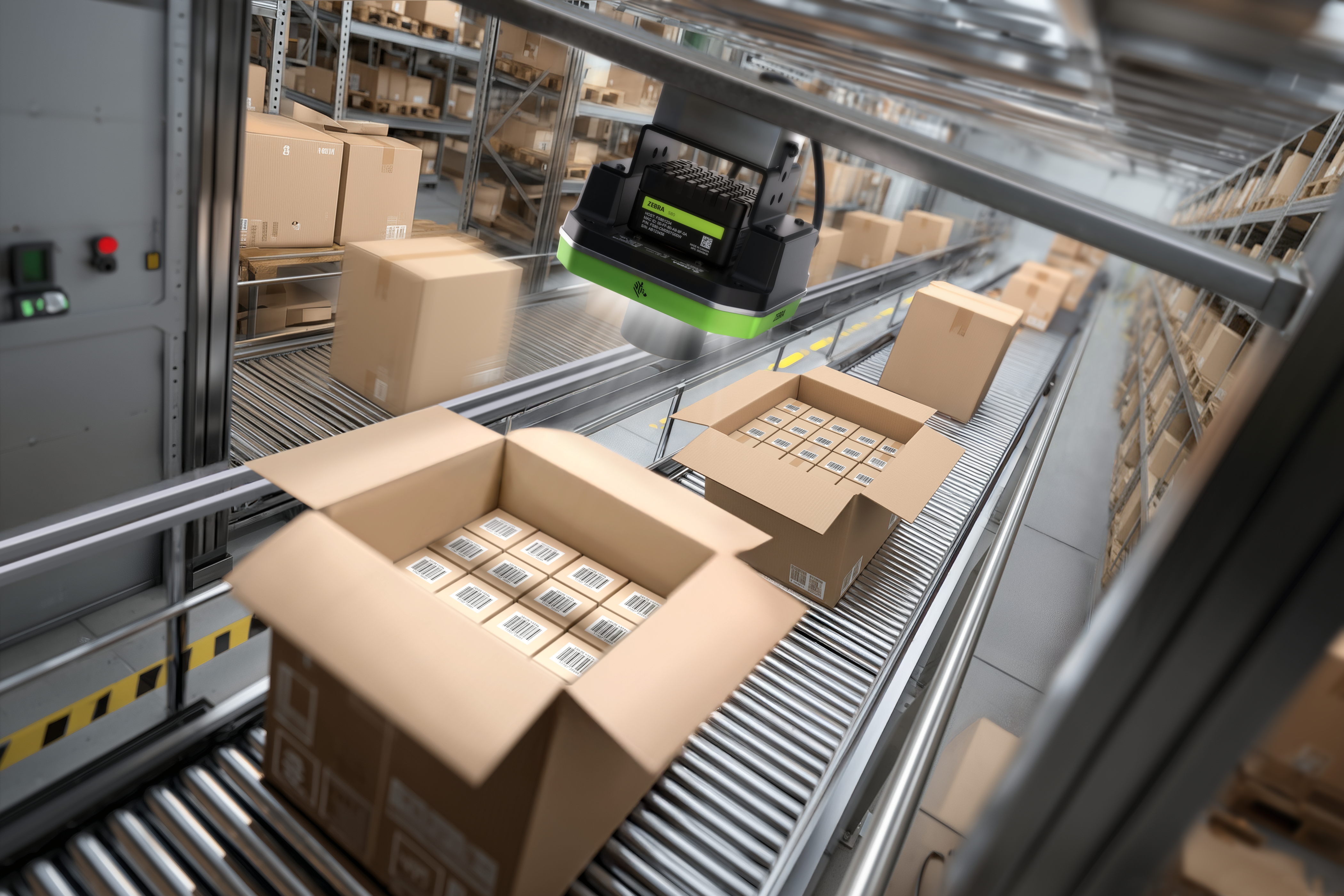 Boxes within a package are scanned by the FS80 Fixed Industrial Scanner to ensure the case is aggregated accurately. This image was generated with the assistance of AI tools and may not depict real people, places, or events.