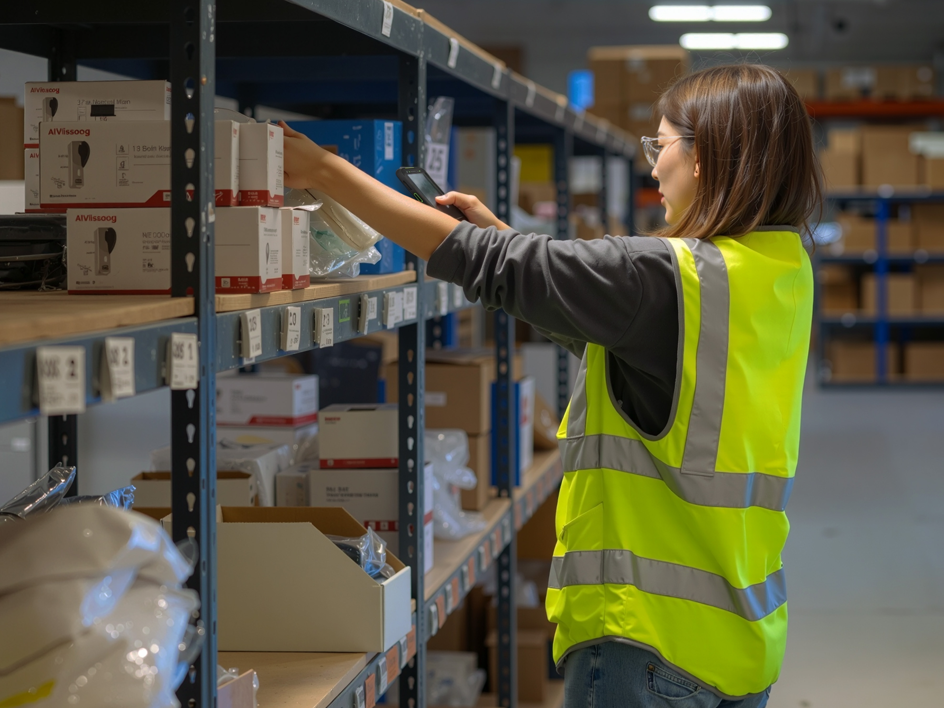 Warehouse worker usesing the Zebra TC501 mobile computer to run real-time inventory