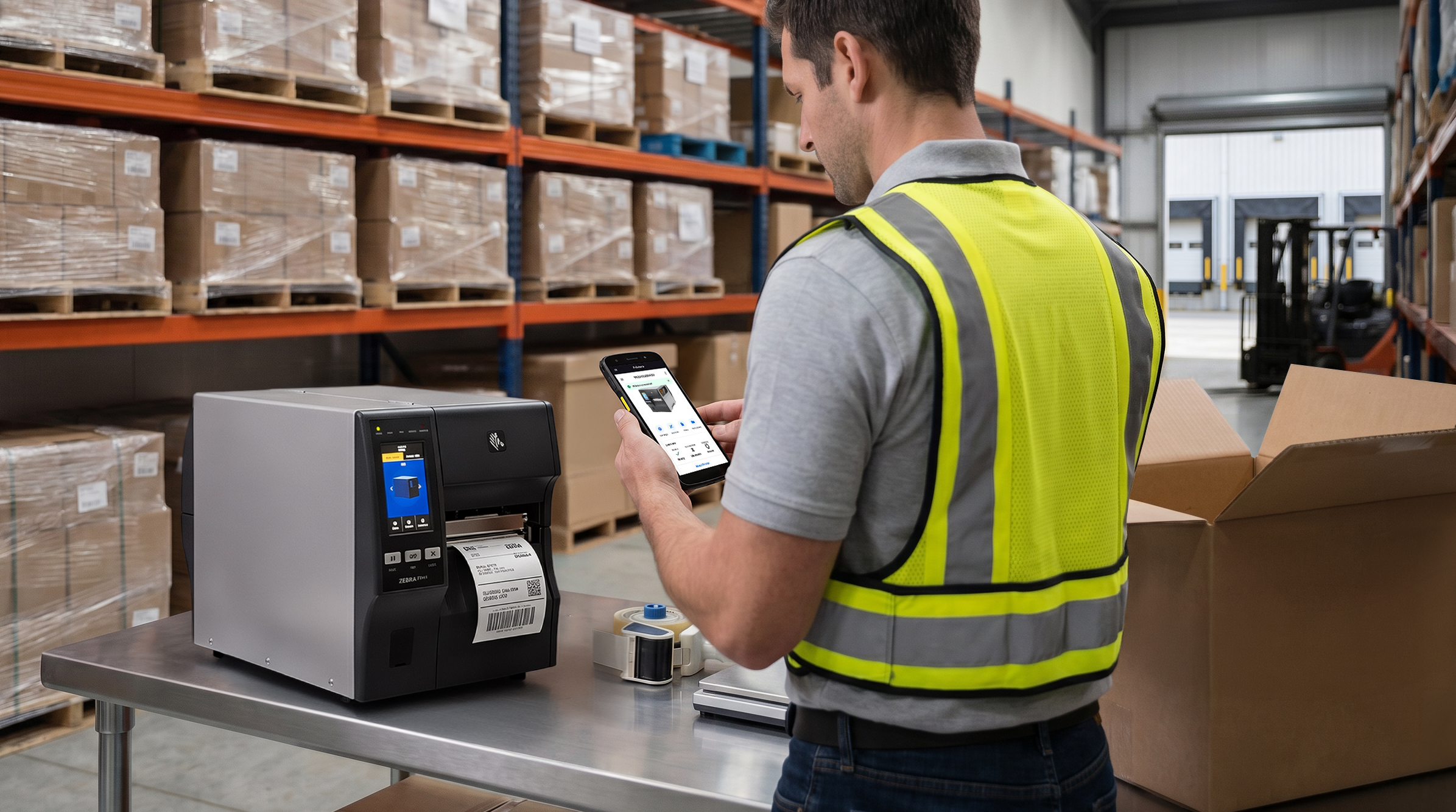Warehouse worker using Zebra Nucleus Connector mobile app