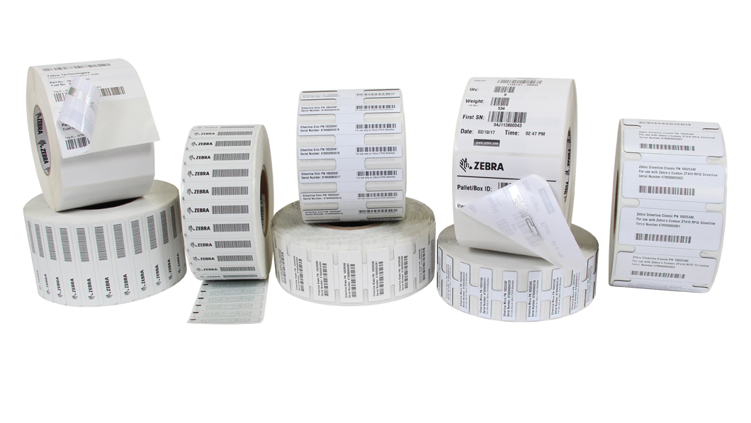 Zebra's range of RFID labels laid out side by side