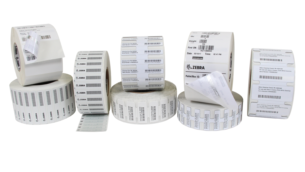 RFID Labels Portfolio Zebra's range of RFID labels laid out side by side