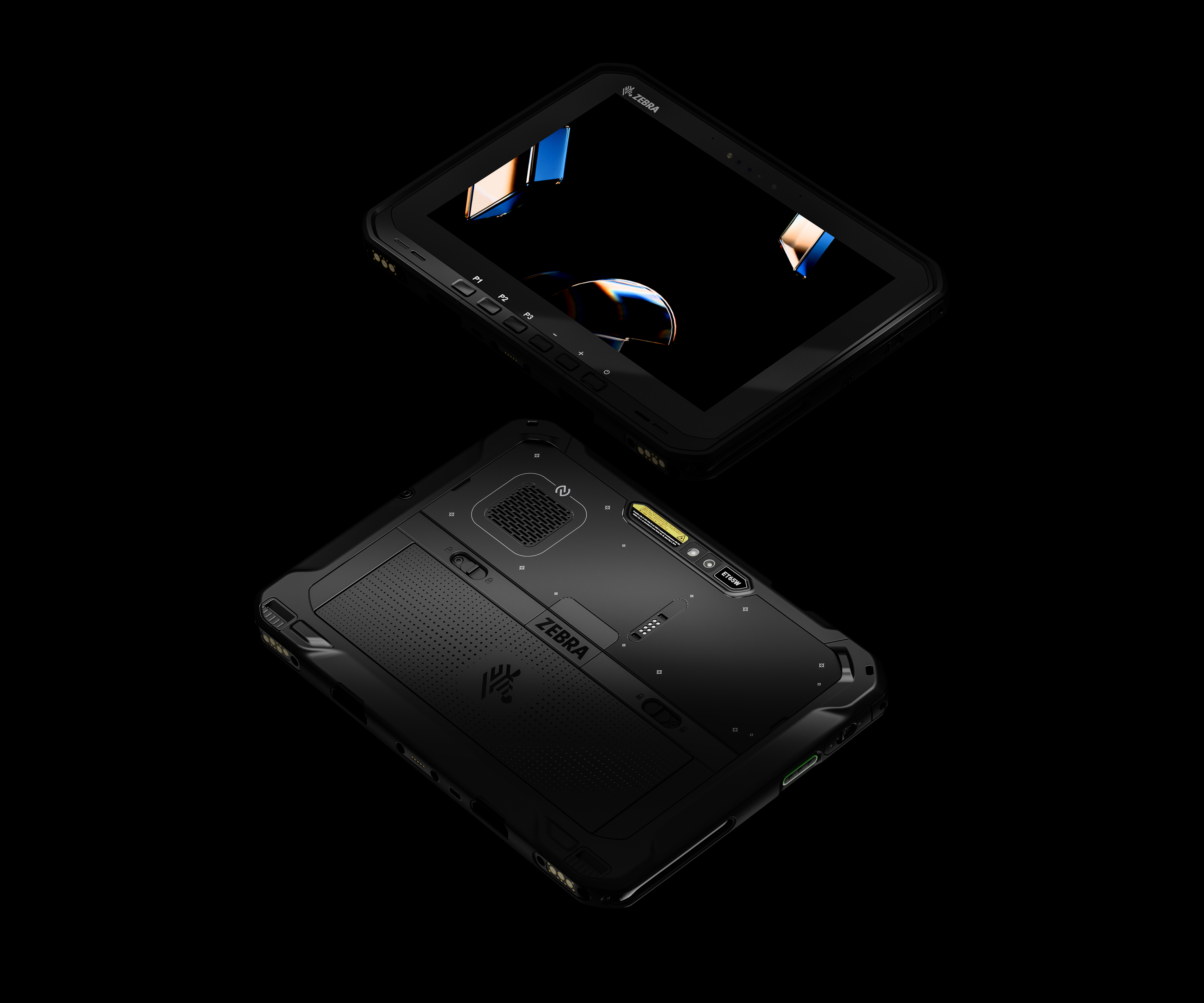 Angled back and front view of ET65W tablet in black.