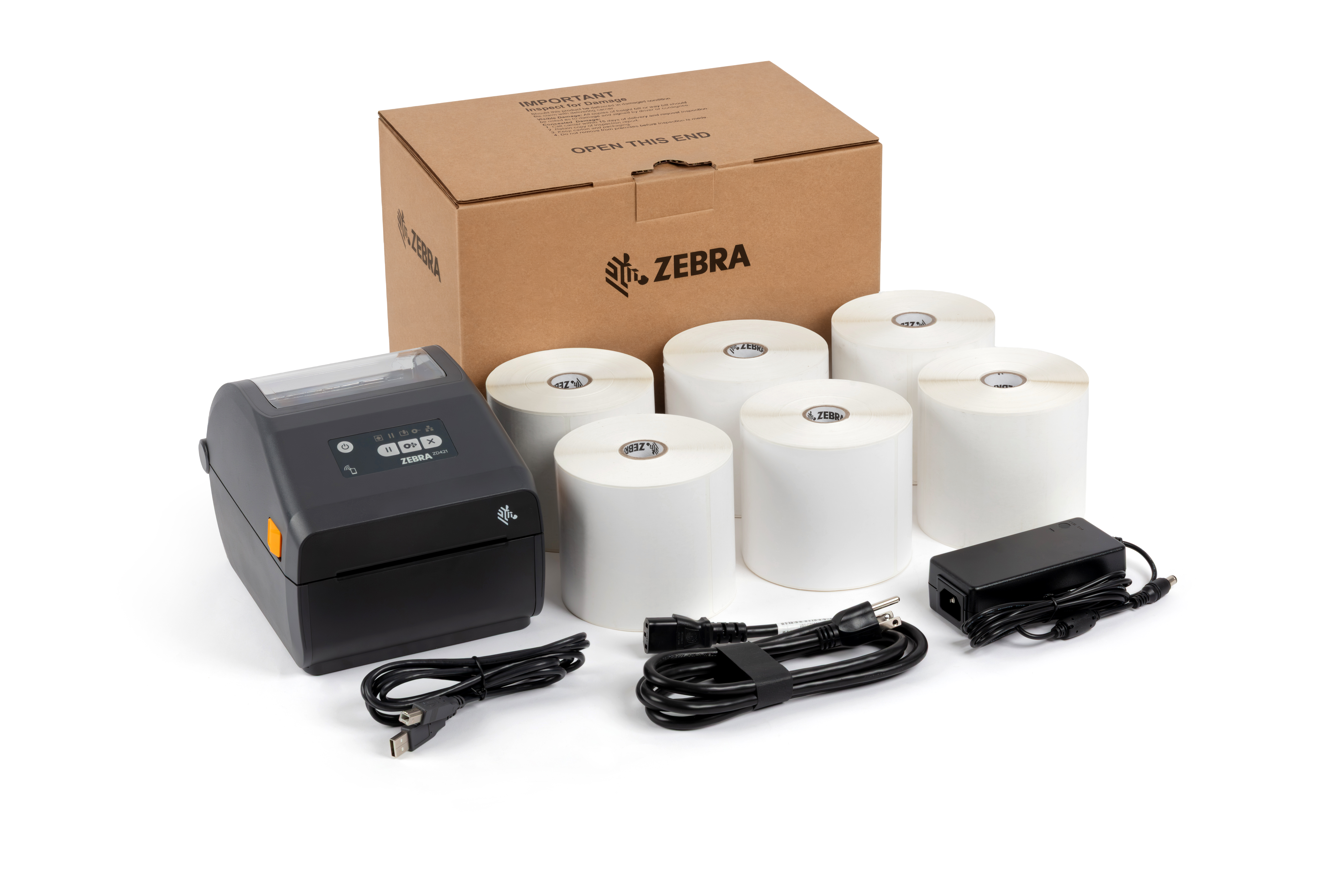 Front of Warehouse Bundle including a Zebra ZD421 Desktop Printer and labels