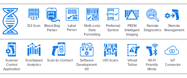 CS60-HC Serisi Companion Barkod Okuyucu DNA Simgeleri: DataCapture DNA, 123 Scan, Blood Bag Parse+, Label Parse+, Multi-Code Data Formatting, Tercih Edilen Sembolü, PRZM Akıllı Görüntüleme, Uzaktan Diyagnostik, Uzaktan Yönetim, Barkod Okuyucu Kontrol Uygulaması, ScanSpeed Analytics, Okut ve Bağlan, Yazılım Geliştirme Kiti (SDK), UDI Scan+, Virtual Tether, WiFi Friendly Modu, IoT Connector