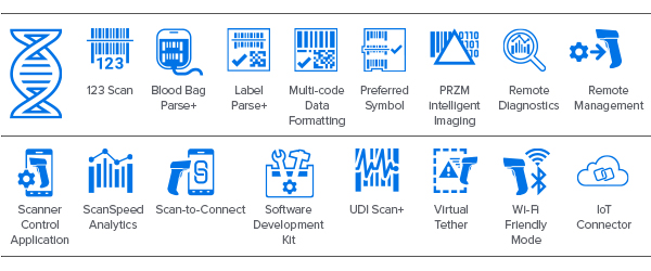 Icônes de la suite DNA pour scanner compagnon de la gamme CS60 : DataCapture DNA, 123Scan, Blood Bag Parse+, Label Parse+, formatage de données multicode, Preferred Symbol, PRZM Intelligent Imaging, Télédiagnostic, Télégestion, Application de contrôle du scanner, ScanSpeed Analytics, Scan-to-Connect, Kit de développement logiciel, UDI Scan+, Virtual Tether, Wi-Fi Friendly Mode, IdO Connector