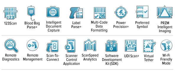 Íconos de Mobility DNA del escáner ultrarresistente DS3600-KD: 123Scan, Blood Bag Parse+, Intelligent Document Capture, Label Parse+, Multi-Code Data Formatting, Power Precision+, Preferred Symbol, PRZM Intelligent Imaging, Remote Diagnostics, Remote Management, Scan-To-Connect, Scanner Control Application, ScanSpeed Analytics, kit de desarrollo de software (SDK), UDI Scan+, Virtual Tether, modo de optimización de wifi