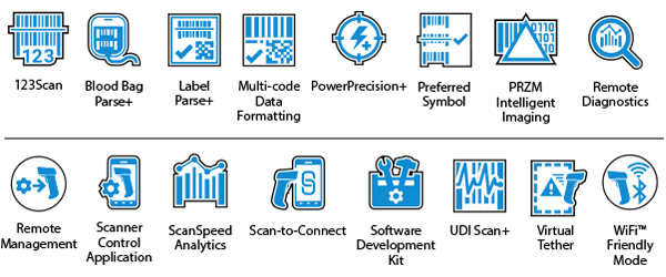 Íconos de Mobility DNA del escáner ultrarresistente DS3600-SR: 123Scan, Blood Bag Parse+, Label Parse+, Multi-Code Data Formatting, Power Precision+, Preferred Symbol, PRZM Intelligent Imaging, Remote Diagnostics, Remote Management, Scanner Control Application, ScanSpeed Analytics, Scan-to-Connect, kit de desarrollo de software, UDI Scan+, Virtual Tether, modo de optimización de wifi