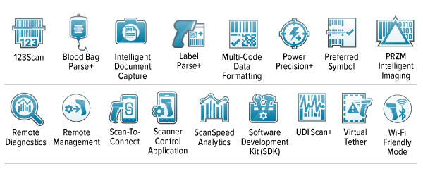 Print DNA, 123 Scan, Blood Bag Parse+, Intelligent Document Capture, Label Parse+, Multi-Code Data Formatting, bateria PowerPrecision+, Preferred Symbol, PRZM Intelligent Imaging, Remote Diagnostics, Remote Management, Scan-To-Connect, Scanner Control Application, ScanSpeed Analytics, Software Development Kit (SDK), UDI Scan+, Virtual Tether, tryb przyjazny łączności Wi-Fi