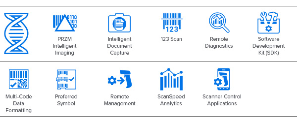 Icona DataCapture DNA, icona PRZM Intelligent Imaging, icona Intelligent Document Capture, icona 123Scan, icona Remote Diagnostics, icona Scanner Software Development Kit (SDK), icona Multi-Code Data Formatting, icona Preferred Symbol, icona Remote Management, icona ScanSpeed Analytics, icona Scanner Control Application