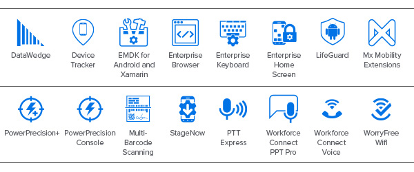 Ikony Mobility DNA dla EC50/EC55: ikona DataWedge, ikona Device Tracker, ikona EMDK dla systemu Android i Xamarin, ikona Enterprise Browser, ikona Enterprise Keyboard, ikona Enterprise Home Screen, ikona LifeGuard, ikona Mx Mobility Extensions, ikona PowerPrecision, ikona PowerPrecision Console, ikona Multi-Barcode Scanning, ikona StageNow, ikona PPT Express, ikona Workforce Connect PPT Pro, ikona Workforce Connect Voice, ikony WorryFree Wi-Fi