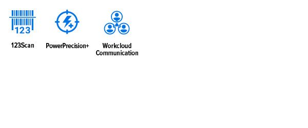 Ikony Mobility DNA dla wzmocnionego tabletu ET80/ET85:  Ikona 123 Scan, ikona PowerPrecision+, ikona Workcloud Communication