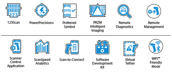 Значки мобильности DNA сверхпрочного сканера LI3600-ER: 123Scan, PowerPrecision+, Preferred Symbol, значок интеллектуальной технологии обработки изображений PRZM, значок дистанционной диагностики, значок дистанционного управления, значок приложения управления сканером, ScanSpeed Analytics, Scan-to-Connect, Software Development Kit, Virtual Tether, значок режима с отсутствием помех Wi-Fi