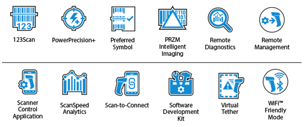 Icone Mobility DNA scanner ultra robusto LI3600-ER: 123 Scan, PowerPrecision+, Preferred Symbol, imaging intelligente PRZM, Remote Diagnostics, Remote Management, Scanner Control Applications, ScanSpeed Analytics, Scan-to-Connect, Software Development Kit, Virtual Tether, modalità Wi-Fi Friendly