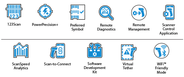 Ikony DataCapture DNA ultrawytrzymałego skanera LI3600-SR: 123Scan, PowerPrecision+, Preferred Symbol, Remote Diagnostics, Remote Management, Scanner Control Application, ScanSpeed Analytics, Scan-to-Connect, Software Development Kit, Virtual Tether, Wi-Fi Friendly Mode