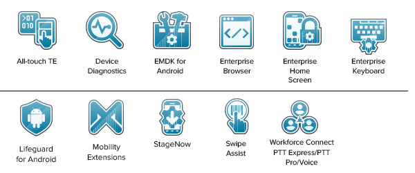 MC3300 Mobility DNA Software Icons, All-touch TE, Device Diagnostics, EMDK for Android, Enterprise Browser, Enterprise Home Screen, Enterprise Keyboard, Lifeguard for Android, Mobility Extensions, StageNow, Swipe Assist, Workforce Connect PTT Express/PTT Pro/Voice