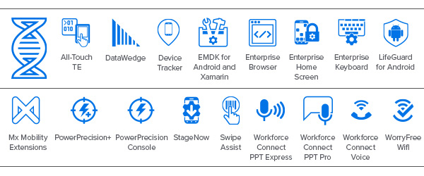 MC3330xR Mobility DNA Icons: All-touch TE icon, DataWedge icon, Device Tracker icon, EMDK for Android and Xamarin icon, Enterprise Browser icon, Enterprise Home Screen icon, Enterprise Keyboard icon, LifeGuard for Android icon, Mx Mobility Extensions icon, PowerPrecision+ icon, PowerPrecision Console icon, StageNow icon, Swipe Assist icon, Workforce Connect PTT Express icon, Workforce Connect PTT Pro icon, Workforce Connect Voice icon, WorryFree WiFi icon, 