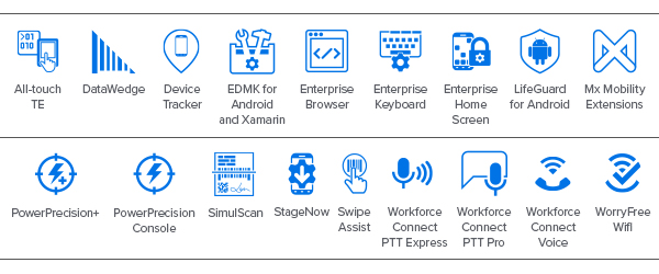 Icone MC9300 Mobility DNA, All-touch TE, DataWedge, Device Tracker, EMDK for Android and Xamarin, Enterprise Browser, Enterprise Keyboard, Enterprise Home Screen, LifeGuard, Mx Mobility Extensions, PowerPrecision+, PowerPrecision Console, SimulScan, StageNow, Swipe Assist, Workforce Connect PPT Express, Workforce Connect PPT Pro, Workforce Connect Voice, WorryFree Wi-Fi