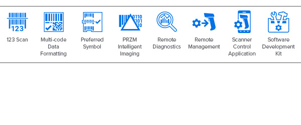 Icônes de mobilité du Scanner/balance MP7000 DNA : 123Scan, formatage des données multicode, symbole préféré, imagerie intelligente PRZM, télédiagnostic, télégestion, application de contrôle du scanner, kit de développement logiciel (SDK)