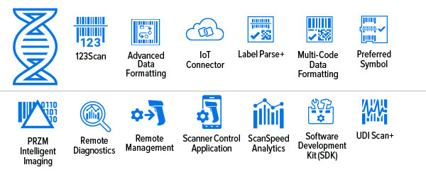 Icone di Mobility DNA degli scanner a piano singolo della serie SP72: 123Scan, Advanced Data Formatting, IoT Connector, Label Parse+, Multi-Code Data Formatting, Preferred Symbol, imaging intelligente PRZM, Remote Diagnostics, Remote Management, Scanner Control Application, ScanSpeed Analytics, Software Development Kit (SDK), UDI Scan+