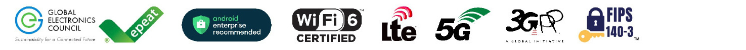 TC101 Mobile Computer Spec Sheet Compatible Icons Image: Global Electronics Council, Epeat, Android Enterprise Recommended, Wi-Fi 6 Certified, Lte, 5G, 3GPP, FIPS