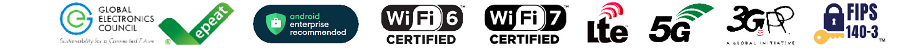 TC201 Mobile Computer Compatible Icons Image: Global Electronics Council, epeat, Android Enterprise Recommended, Wi-Fi 6 Certified, Wi-Fi 7 Certified, Lte, 5G, 3GPP, FIPS 140-3