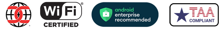 Icônes de compatibilité : Certification Critères Communs, Android Enterprise Recommended, Wi-Fi Certified