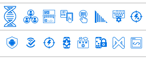 Mobility DNA Yazılımı Simgeleri: All-Touch Terminal Emulation simgesi, SWIPE Assist simgesi, Enterprise Keyboard simgesi, Simulscan, DataWedge simgesi, PowerPrecision simgesi, SimulScan simgesi, Enterprise Home Screen simgesi, StageNow simgesi, WorryFree WiFi simgesi, PowerPrecision Console simgesi, Lifeguard for Android simgesi, Enterprise Mobility Development Tool Kit simgesi, Mobility Extensions (MX) simgesi, Enterprise Browser simgesi