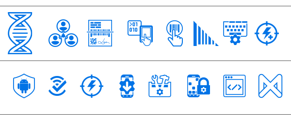 Mobility DNA Software Icons: All-Touch Terminal, Multi-Barcode Scanning, All-Touch TE, SWIPE Assist icon, DataWedge, Enterprise Keyboard, PowerPrecision+, LifeGuard for Android, WorryFree WiFi, PowerPrecision Console, StageNow, EMDK for Android and Xamarin, Enterprise Home Screen, Enterprise Browser, Mx Mobility Extensions
