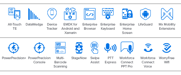 Iconos de Mobility DNA de las computadoras móviles Serie TC52X-HC: All-touch TE, DataWedge, Device Tracker, EMDK para Android y Xamarin, Enterprise Browser, Enterprise Keyboard, Enterprise Home Screen, LifeGuard, Mx Mobility Extensions, PowerPrecision+, PowerPrecision Console, Multi-Barcode Scanning, StageNow, Swipe Assist, PTT Express, Workforce Connect PTT Pro, Workforce Connect Voice, Wireless