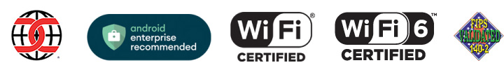 Ícones de compatibilidade dos computadores móveis da série TC5X: Common Criteria, Android Enterprise Recommended, Wi-Fi Certified, Wi-Fi 6 Certified, FIPS Validated 140-2