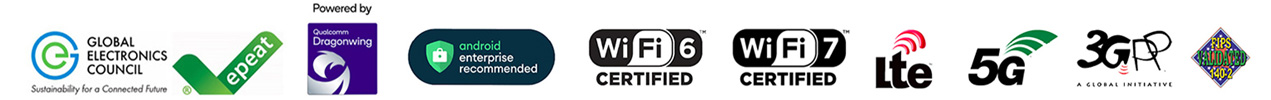 TC701 Mobile Computer Spec Sheet Compatible Icons: Global Electronics Council, epeat, Qualcomm Dragonwing, Android Enterprise Recommended, Wi-Fi 6 Certified, Wi-Fi 7 Certified, Lte, 5G, 3GPP, FIPS validated